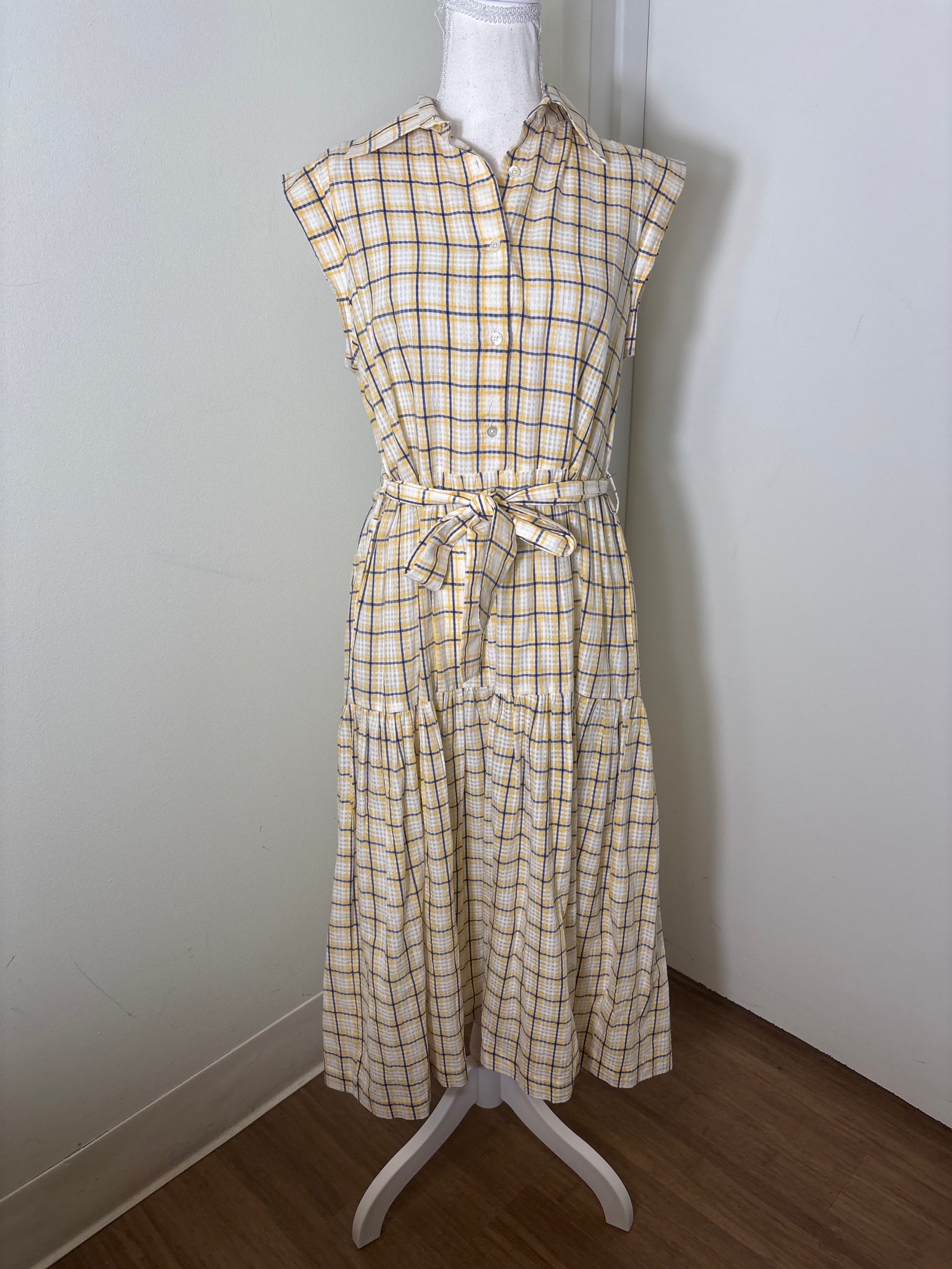 Mii Au Jardin Blue And Yellow Plaid Cap Sleeve Maxi Dress Sz M